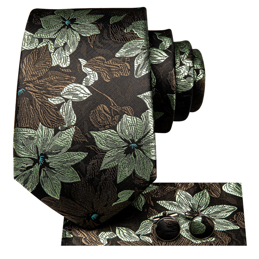 Coffee Brown and Sage Green Floral XL Tie, Pocket Square and Cufflinks tie sets - Sophisticated Gentlemen