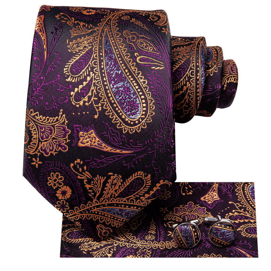 Purple and Brown Paisley XL Tie, Pocket Square and Cufflinks tie sets - Sophisticated Gentlemen