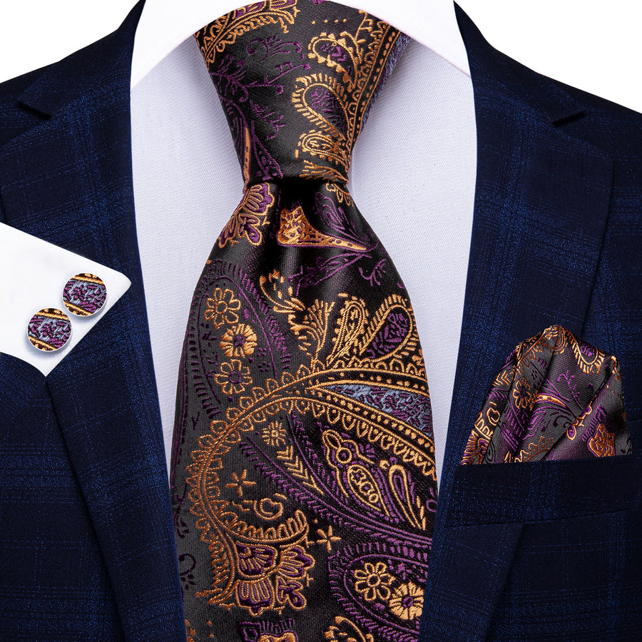 Purple and Brown Paisley XL Tie, Pocket Square and Cufflinks tie sets - Sophisticated Gentlemen