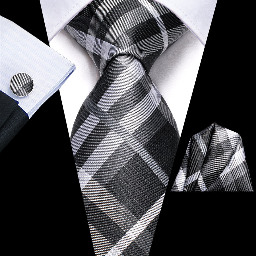 Black, Gray and White Plaid XL Tie, Pocket Square and Cufflinks tie sets - Sophisticated Gentlemen