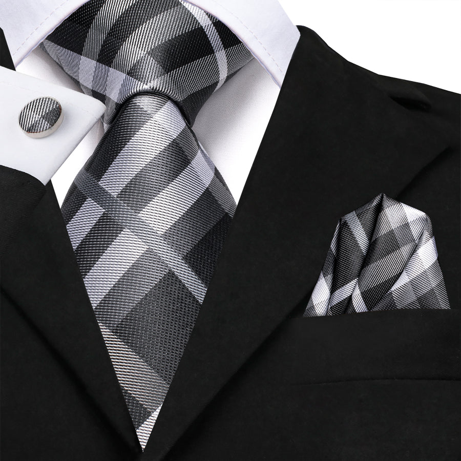 Black, Gray and White Plaid XL Tie, Pocket Square and Cufflinks tie sets - Sophisticated Gentlemen