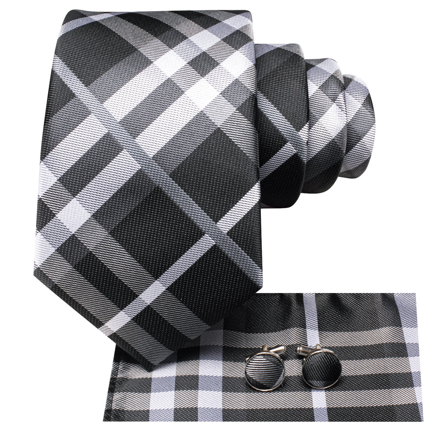 Black, Gray and White Plaid XL Tie, Pocket Square and Cufflinks tie sets - Sophisticated Gentlemen