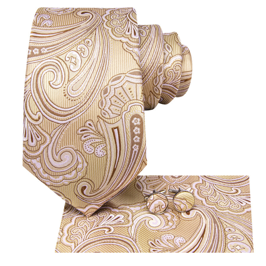 Cream White and Brown Floral XL Tie, Pocket Square and Cufflinks tie sets - Sophisticated Gentlemen
