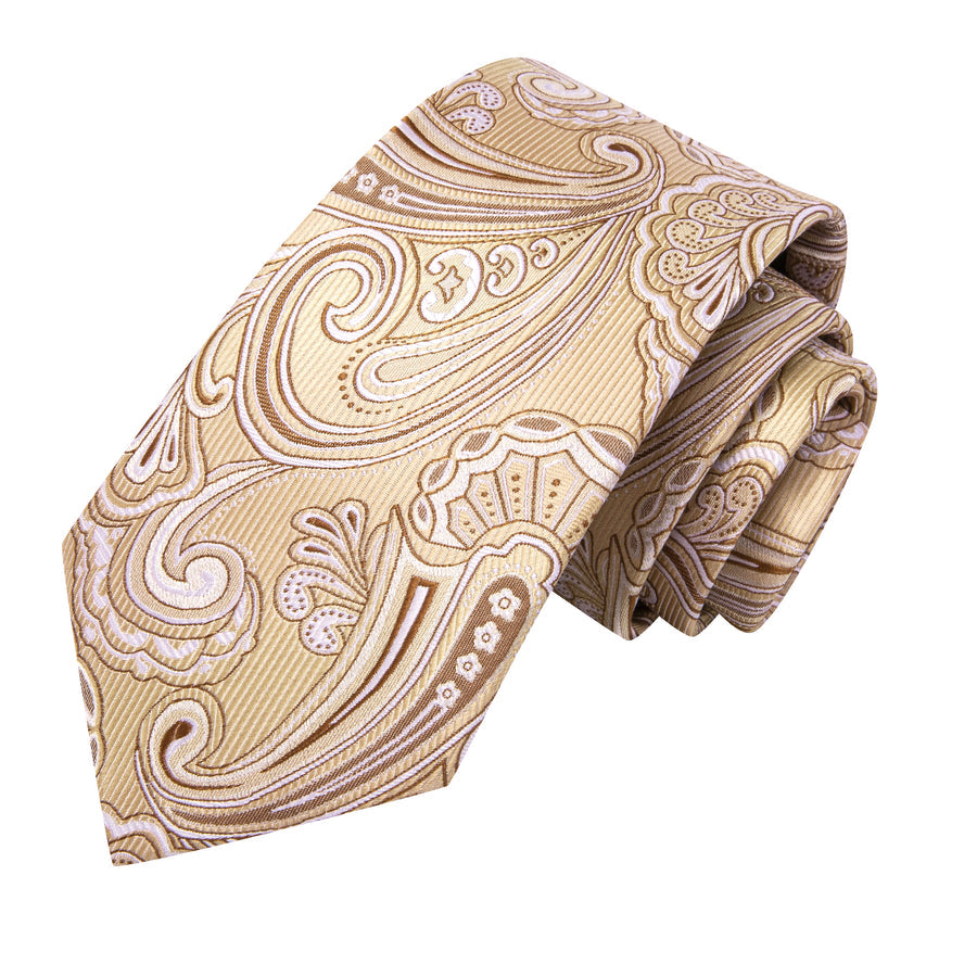 Cream White and Brown Floral XL Tie, Pocket Square and Cufflinks tie sets - Sophisticated Gentlemen
