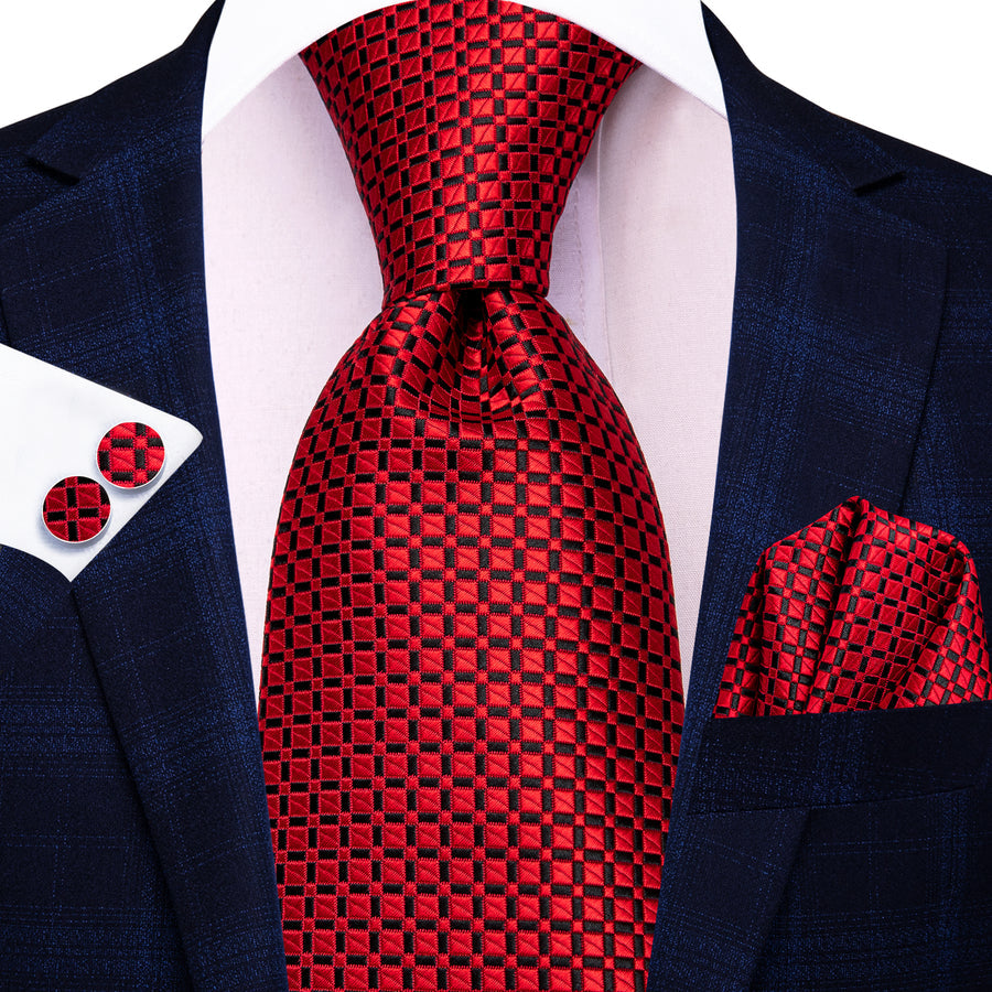Red and Black Plaid XL Tie, Pocket Square and Cufflinks tie sets - Sophisticated Gentlemen