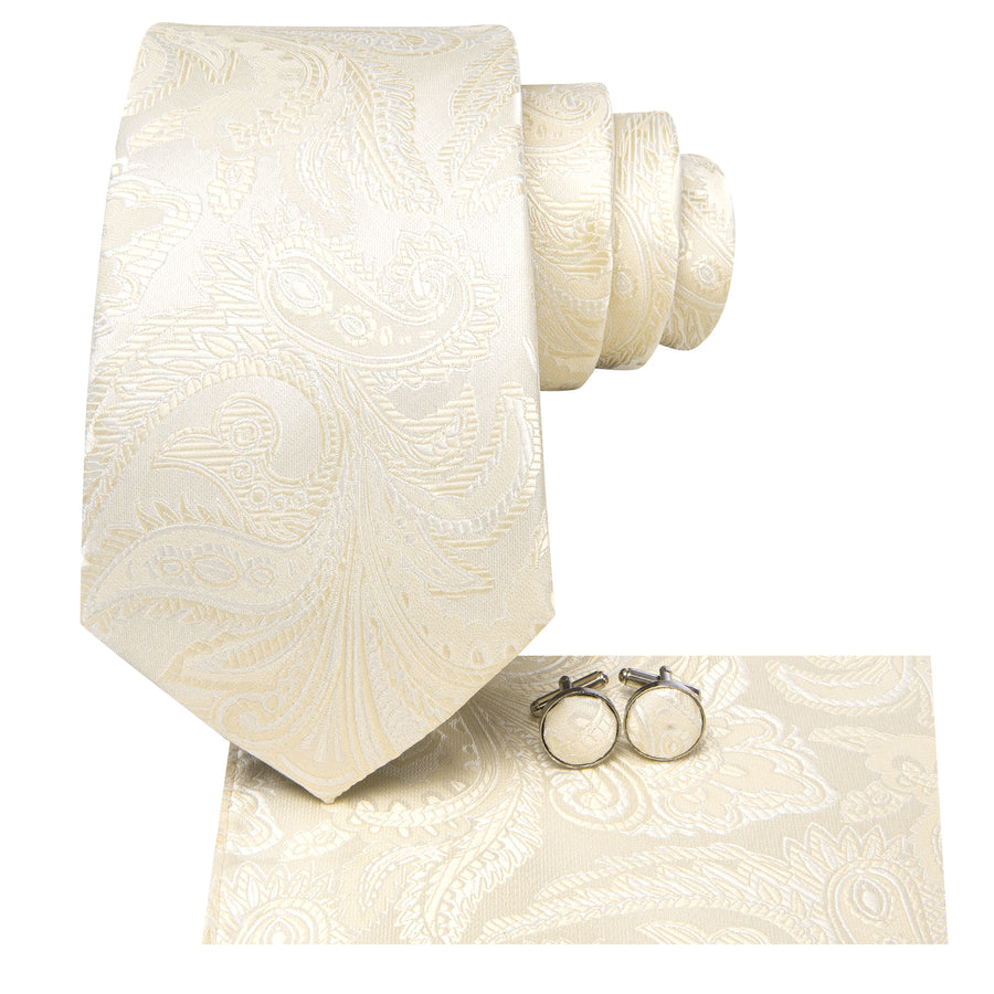 Linen White Paisley XL Tie, Pocket Square and Cufflinks tie sets - Sophisticated Gentlemen
