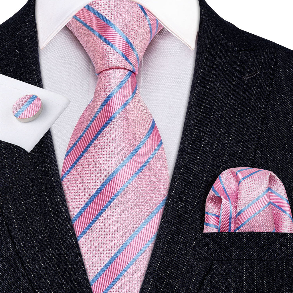 Pink Solid Blue Striped Silk Tie, Pocket Square and Cufflinks Set tie sets - Sophisticated Gentlemen