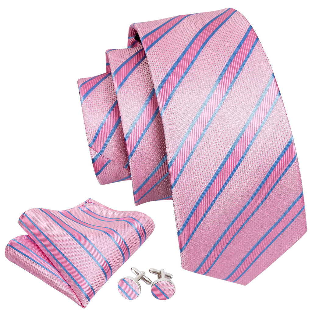 Pink Solid Blue Striped Silk Tie, Pocket Square and Cufflinks Set tie sets - Sophisticated Gentlemen
