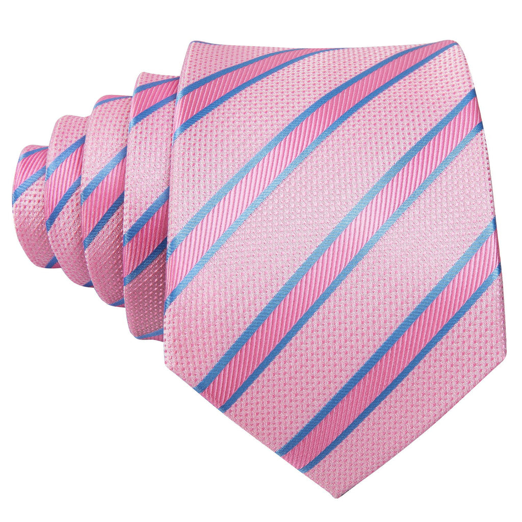 Pink Solid Blue Striped Silk Tie, Pocket Square and Cufflinks Set tie sets - Sophisticated Gentlemen