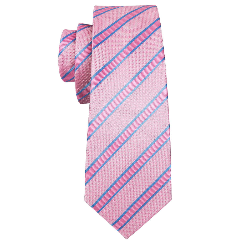 Pink Solid Blue Striped Silk Tie, Pocket Square and Cufflinks Set tie sets - Sophisticated Gentlemen