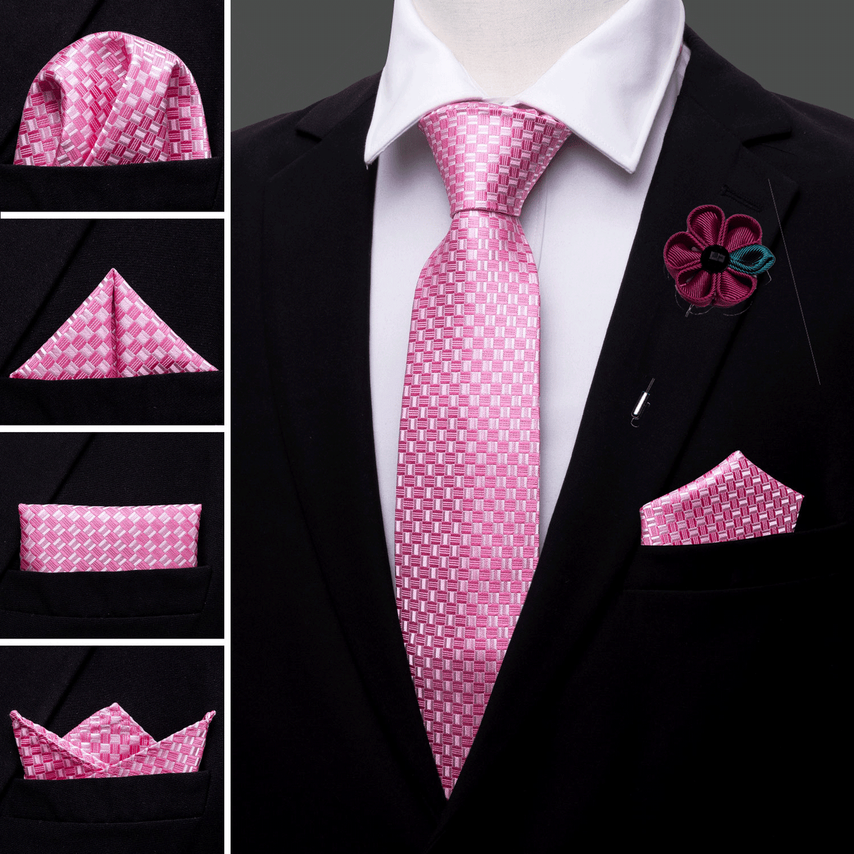 Pink Plaid Silk Tie, Pocket Square and Cufflinks Set tie sets - Sophisticated Gentlemen