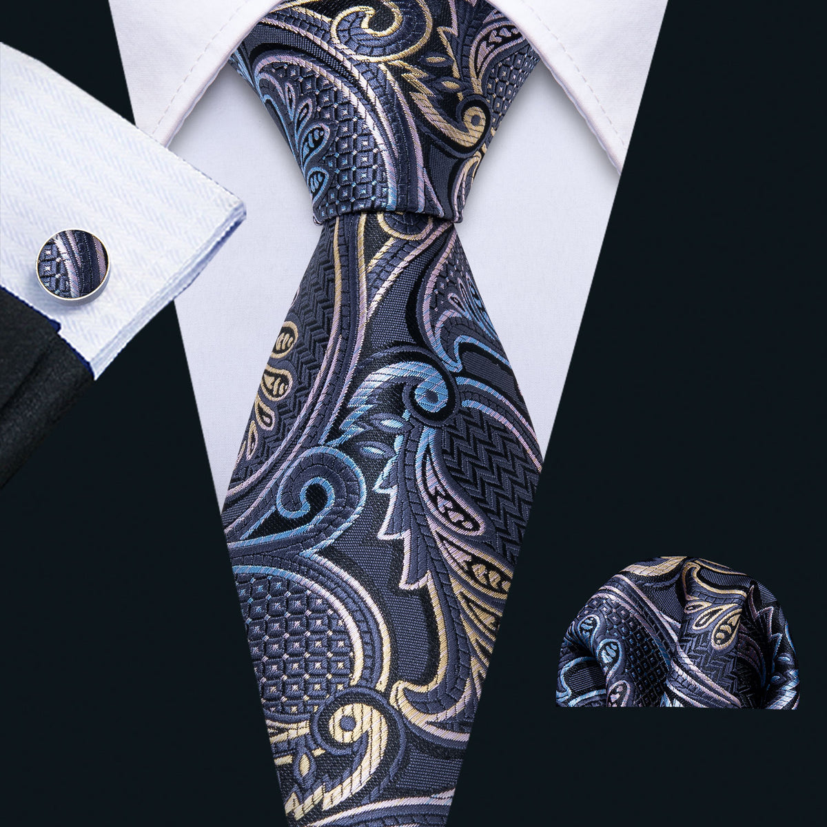 Gray Paisley Silk Tie, Pocket Square and Cufflinks Set tie sets - Sophisticated Gentlemen