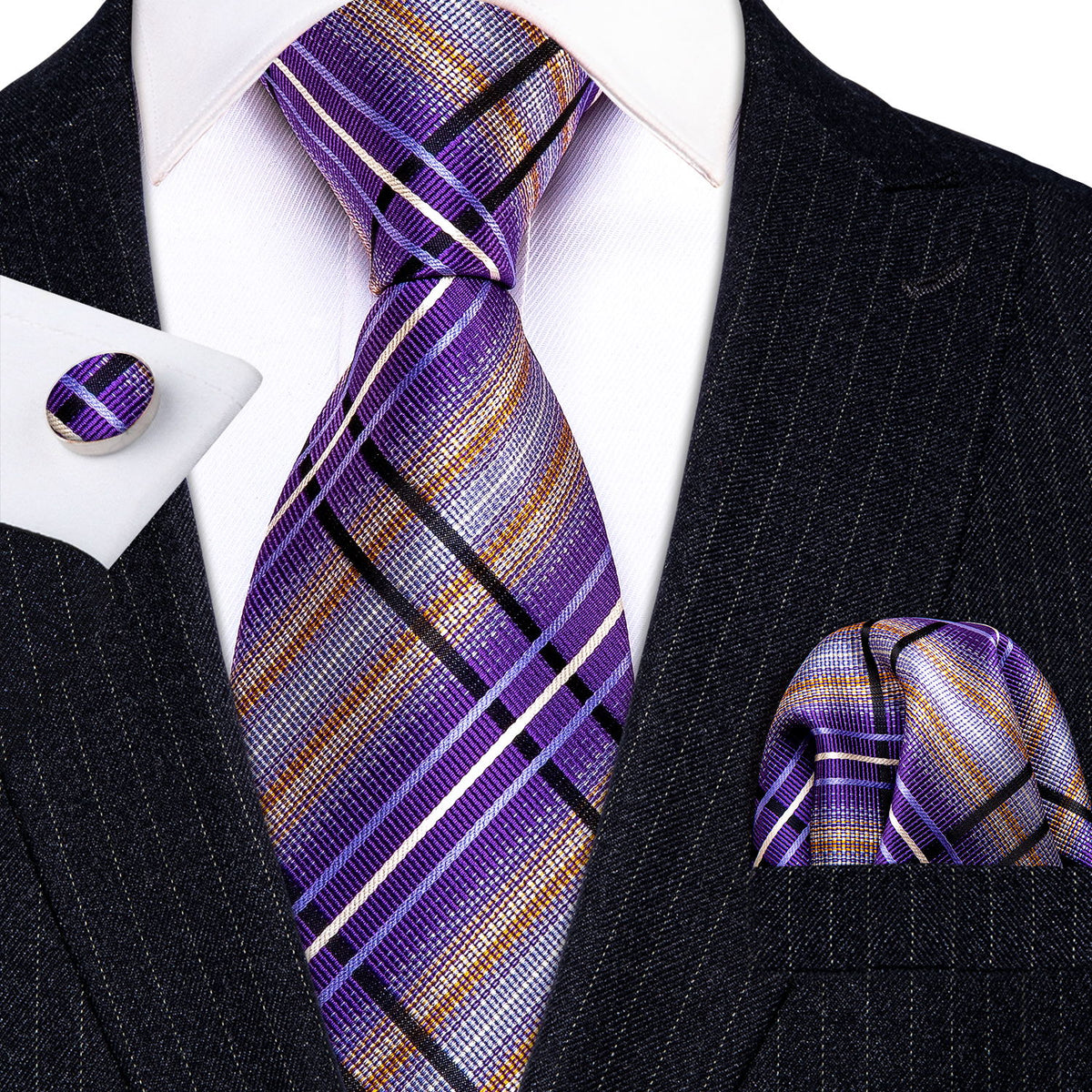 Purple Beige Striped Silk Tie, Pocket Square and Cufflinks Set tie sets - Sophisticated Gentlemen