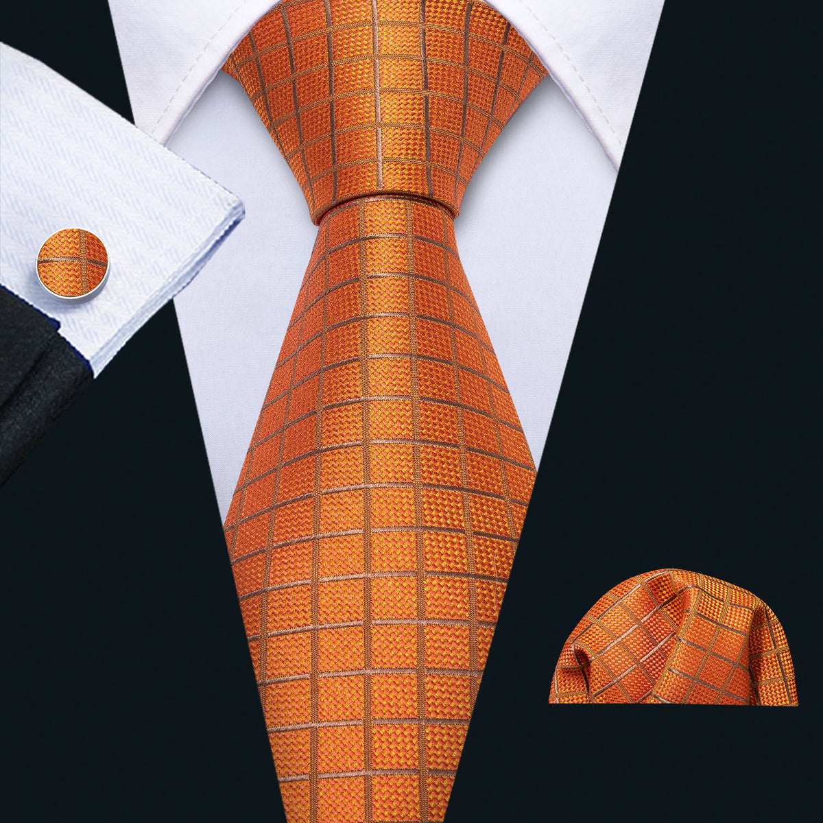 Orange Plaid Silk Tie, Pocket Square and Cufflinks Set tie sets - Sophisticated Gentlemen