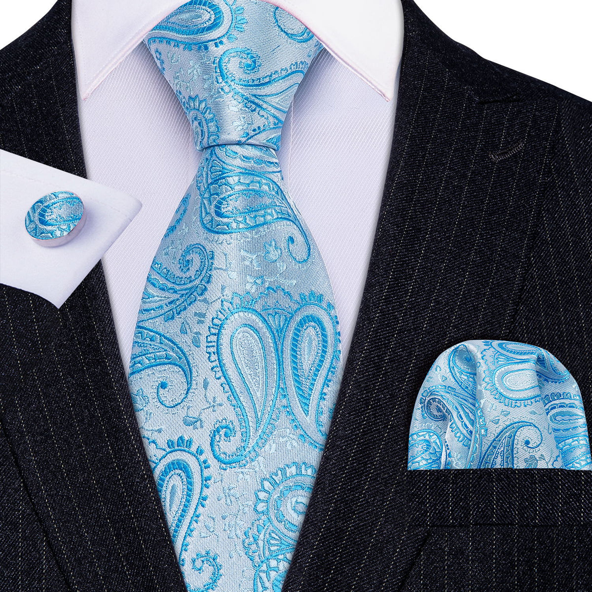 Sky Blue Silk Tie, Pocket Square & Cufflinks Set tie sets - Sophisticated Gentlemen