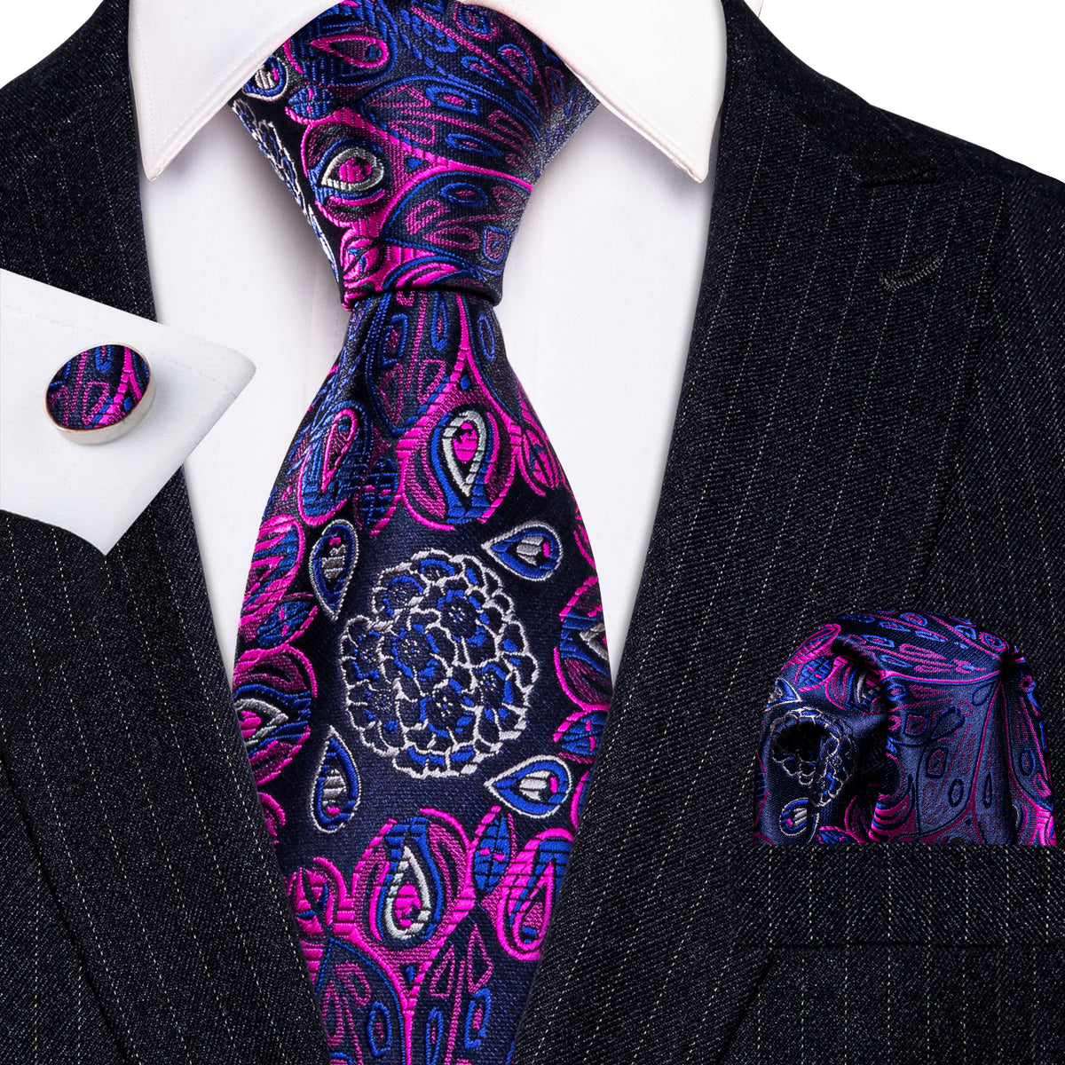 Blue Pink Paisley Silk Tie, Pocket Square and Cufflinks Set tie sets - Sophisticated Gentlemen