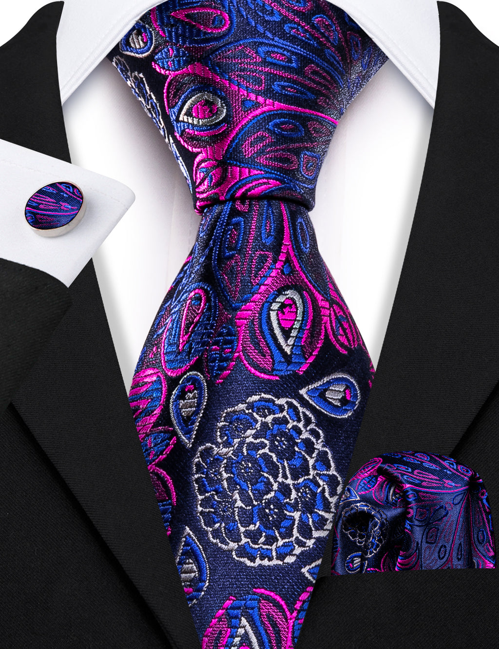 Blue Pink Paisley Silk Tie, Pocket Square and Cufflinks Set tie sets - Sophisticated Gentlemen
