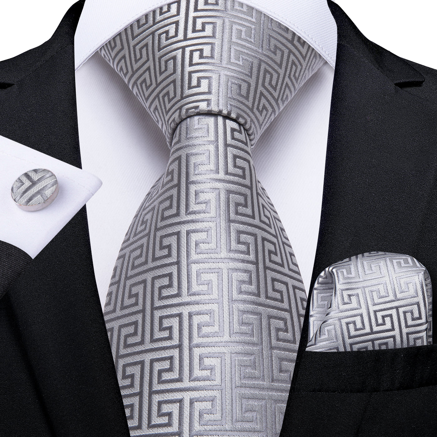 Tie, Pocket Square and Cufflinks In Silver