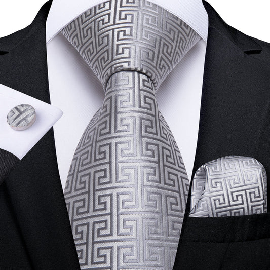 Tie, Pocket Square and Cufflinks In Silver
