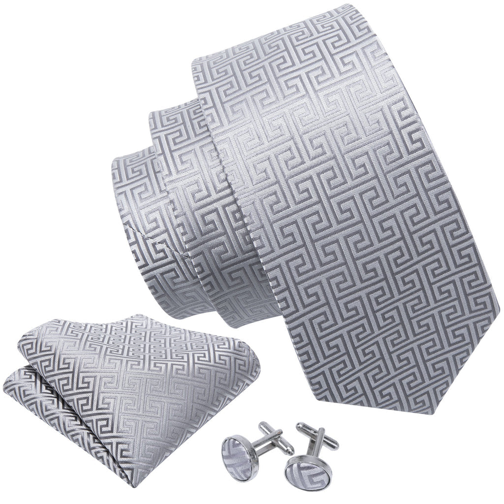 Silver Plaid Silk Tie, Pocket Square and Cufflinks Set tie sets - Sophisticated Gentlemen