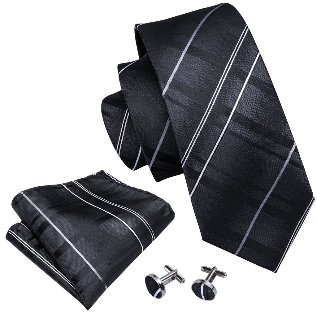Black Silver Gray Striped Silk Tie, Pocket Square and Cufflinks Set tie sets - Sophisticated Gentlemen