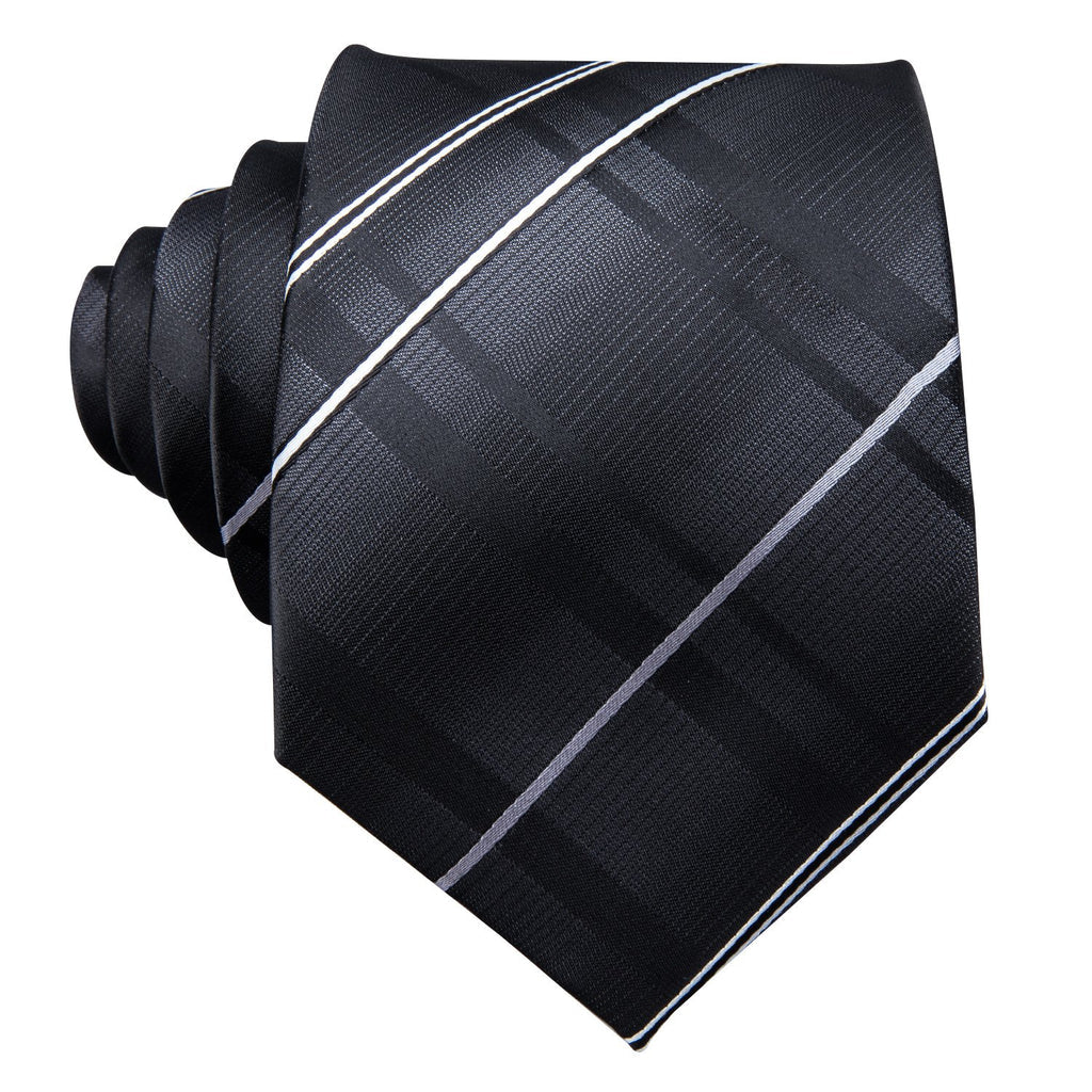 Black Silver Gray Striped Silk Tie, Pocket Square and Cufflinks Set tie sets - Sophisticated Gentlemen