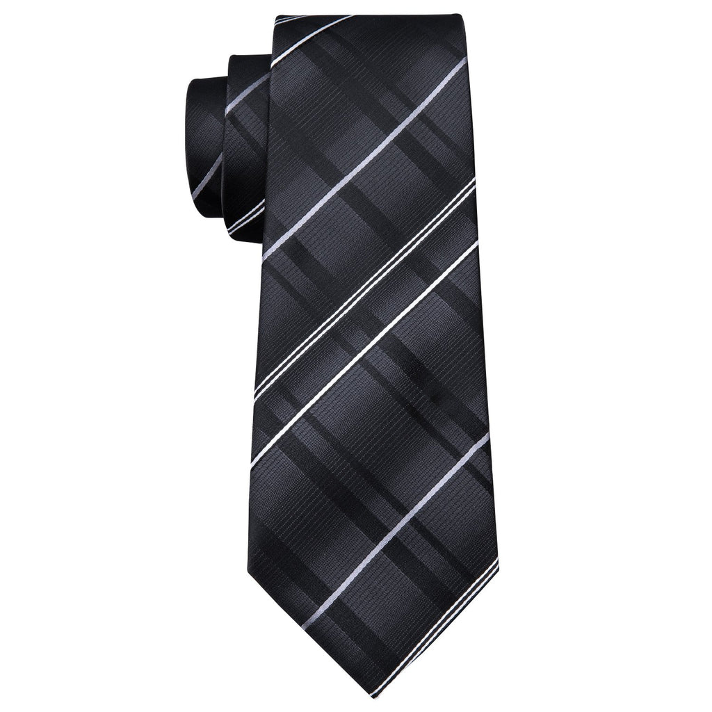 Black Silver Gray Striped Silk Tie, Pocket Square and Cufflinks Set tie sets - Sophisticated Gentlemen