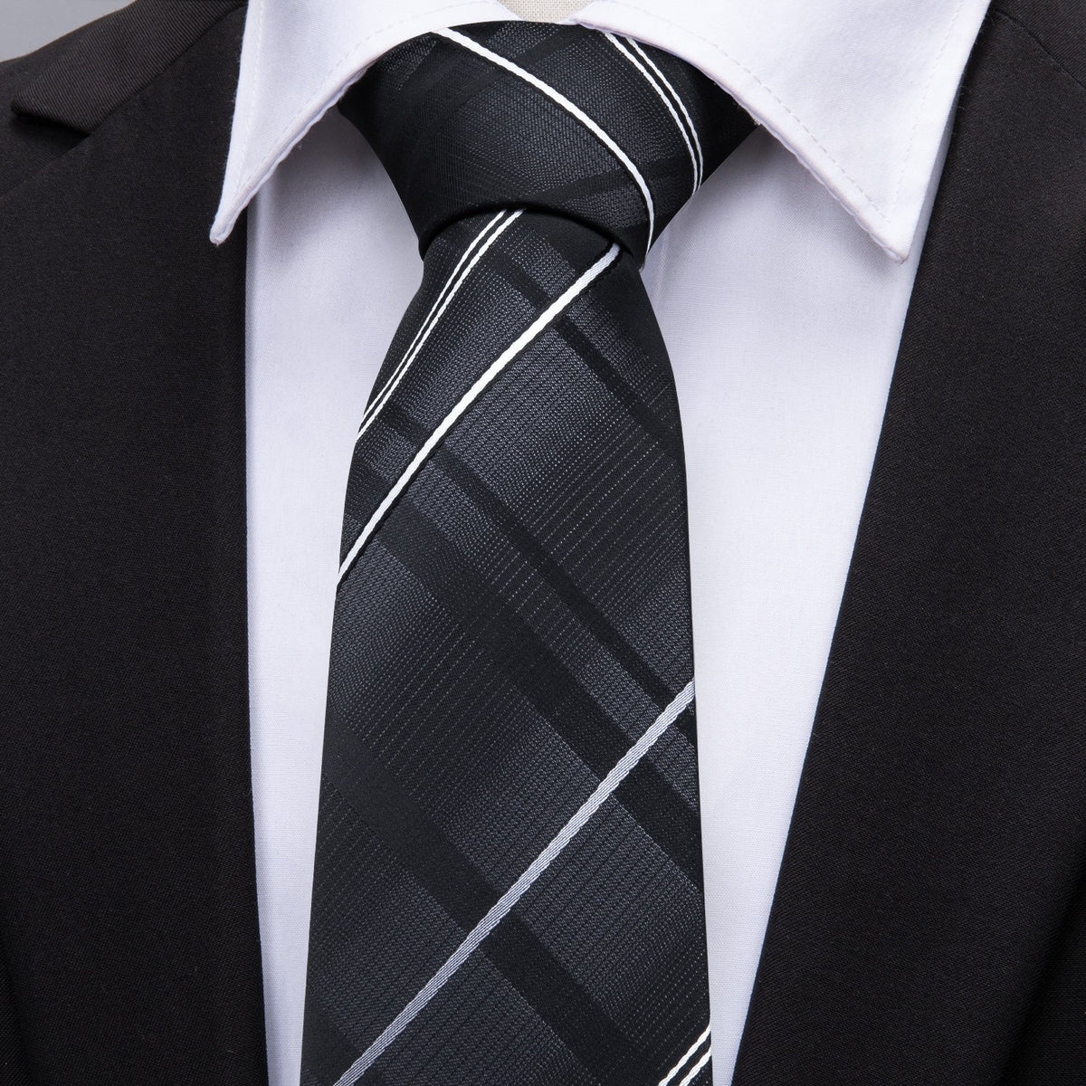 Black Silver Gray Striped Silk Tie, Pocket Square and Cufflinks Set tie sets - Sophisticated Gentlemen
