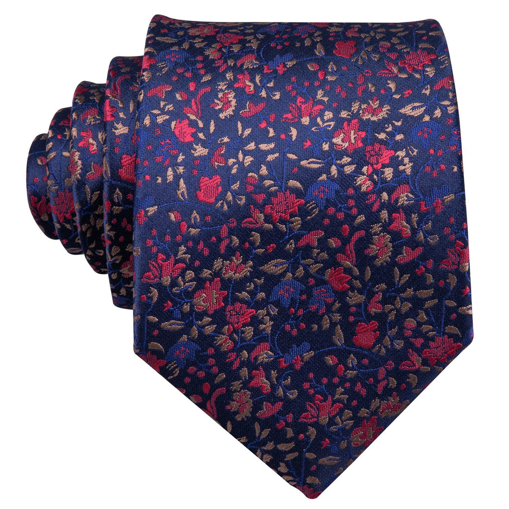 Navy Blue Floral Silk Tie, Pocket Square and Cufflinks Set tie sets - Sophisticated Gentlemen