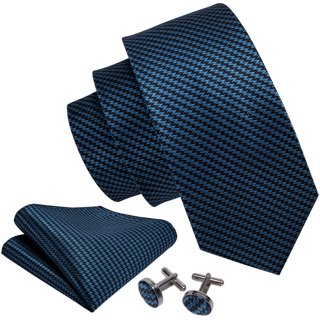 Navy Blue Houndstooth Silk Tie, Pocket Square and Cufflinks Set tie sets - Sophisticated Gentlemen