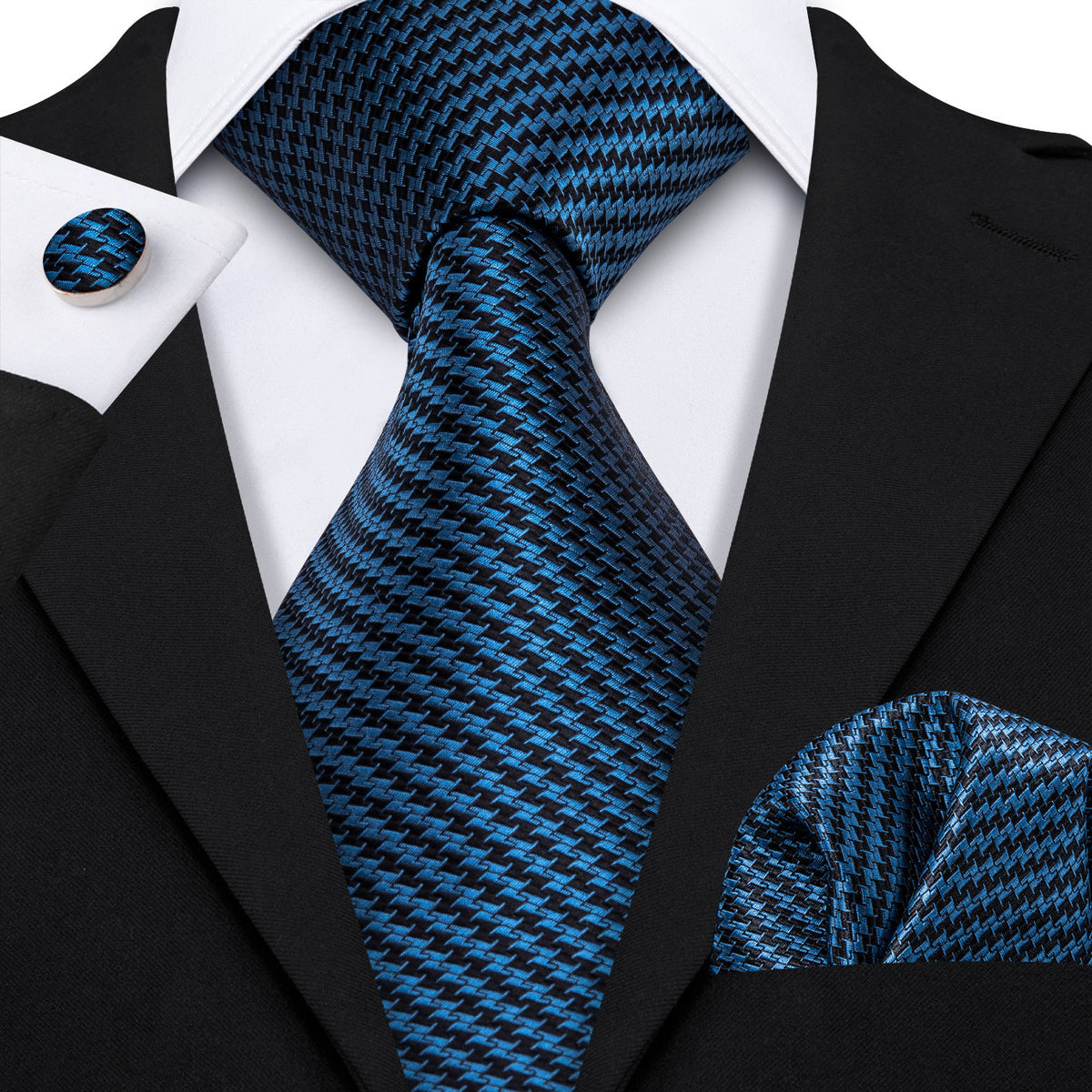 Navy Blue Houndstooth Silk Tie, Pocket Square and Cufflinks Set tie sets - Sophisticated Gentlemen