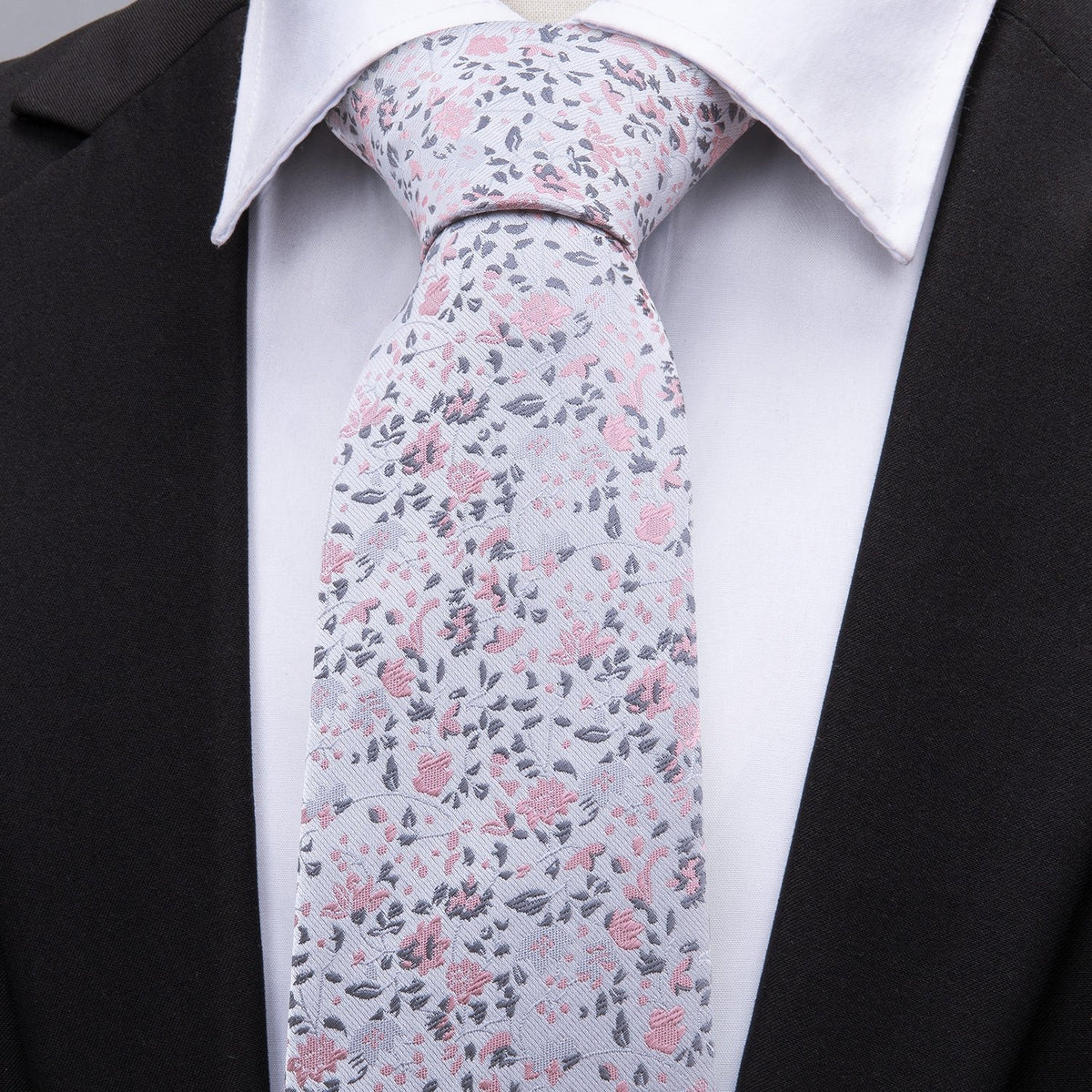 Pink White Floral Silk Tie, Pocket Square and Cufflinks Set tie sets - Sophisticated Gentlemen