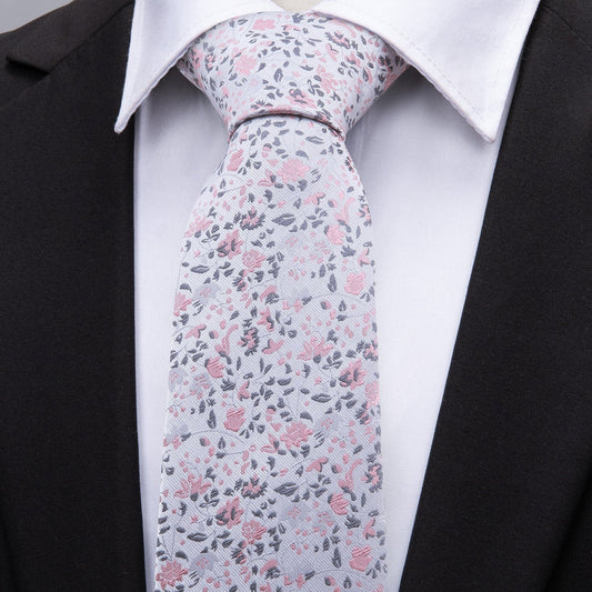 Pink White Floral Silk Tie, Pocket Square and Cufflinks Set tie sets    - Sophisticated Gentlemen