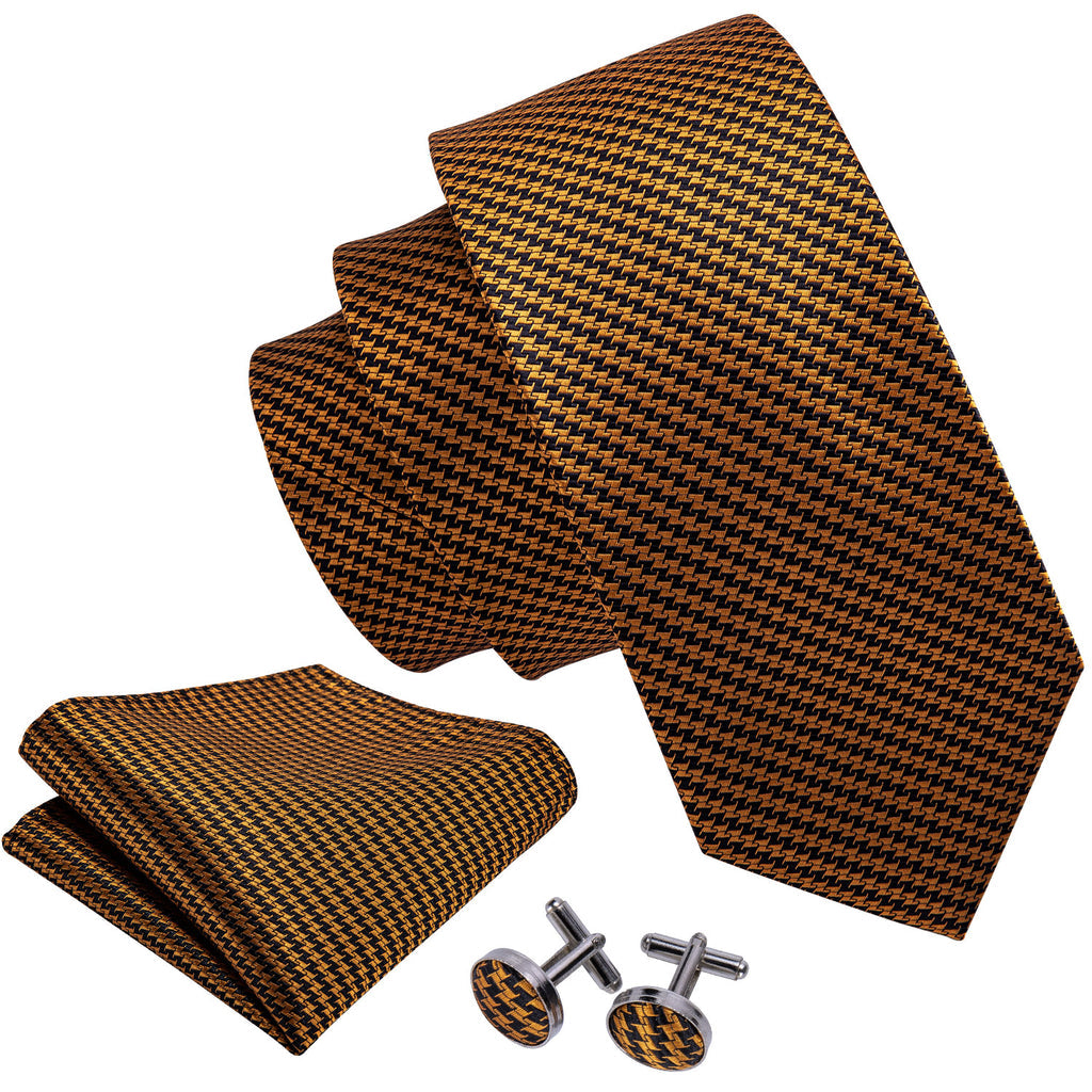 Gold & Black Houndstooth Silk Tie, Pocket Square & Cufflinks Set tie sets - Sophisticated Gentlemen