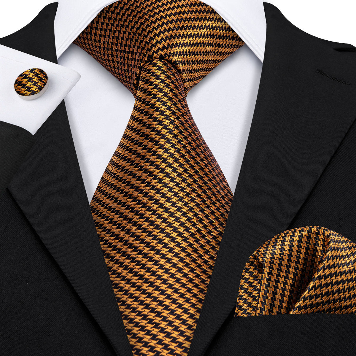 Gold & Black Houndstooth Silk Tie, Pocket Square & Cufflinks Set tie sets - Sophisticated Gentlemen