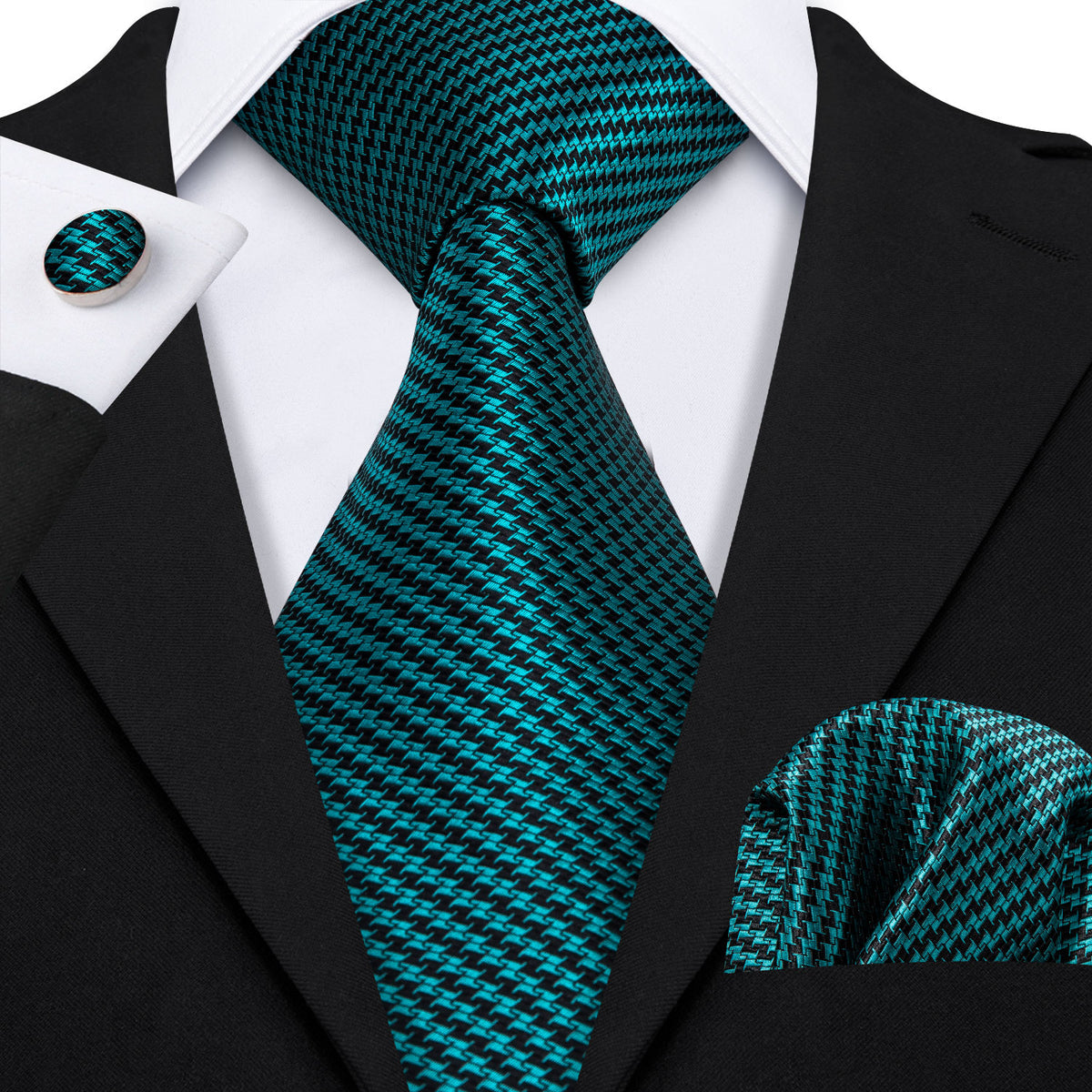 Turquoise Houndstooth Silk Tie, Pocket Square and Cufflinks Set tie sets - Sophisticated Gentlemen