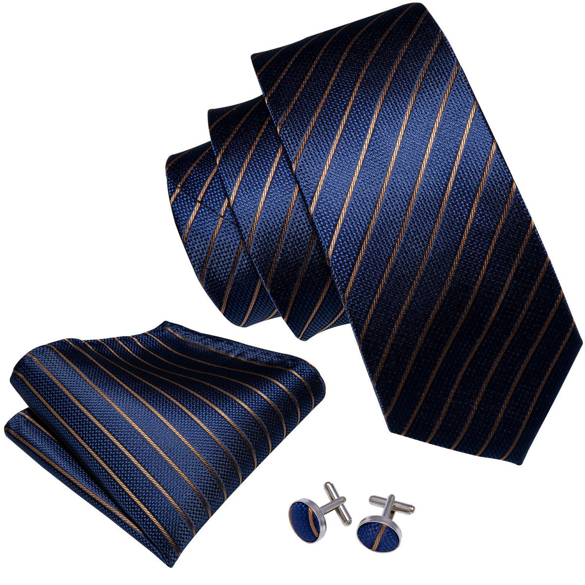 Regal Deep Blue & Gold Striped Silk Tie Set with Pocket Square and Cufflinks tie sets - Sophisticated Gentlemen