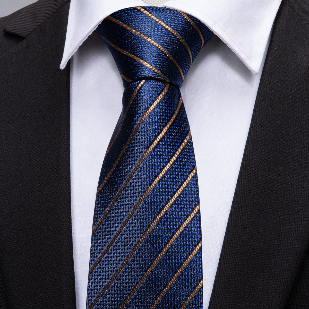 Regal Deep Blue & Gold Striped Silk Tie Set with Pocket Square and Cufflinks tie sets - Sophisticated Gentlemen