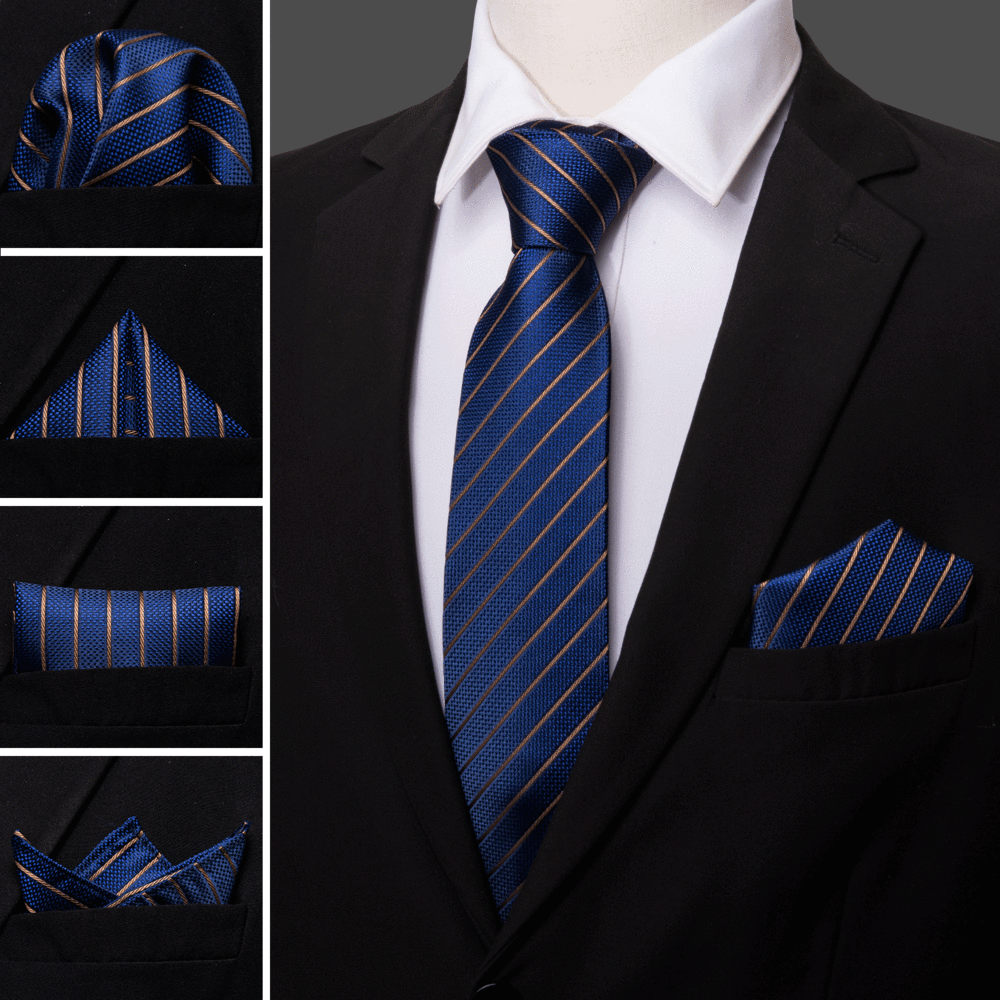 Regal Deep Blue & Gold Striped Silk Tie Set with Pocket Square and Cufflinks tie sets - Sophisticated Gentlemen