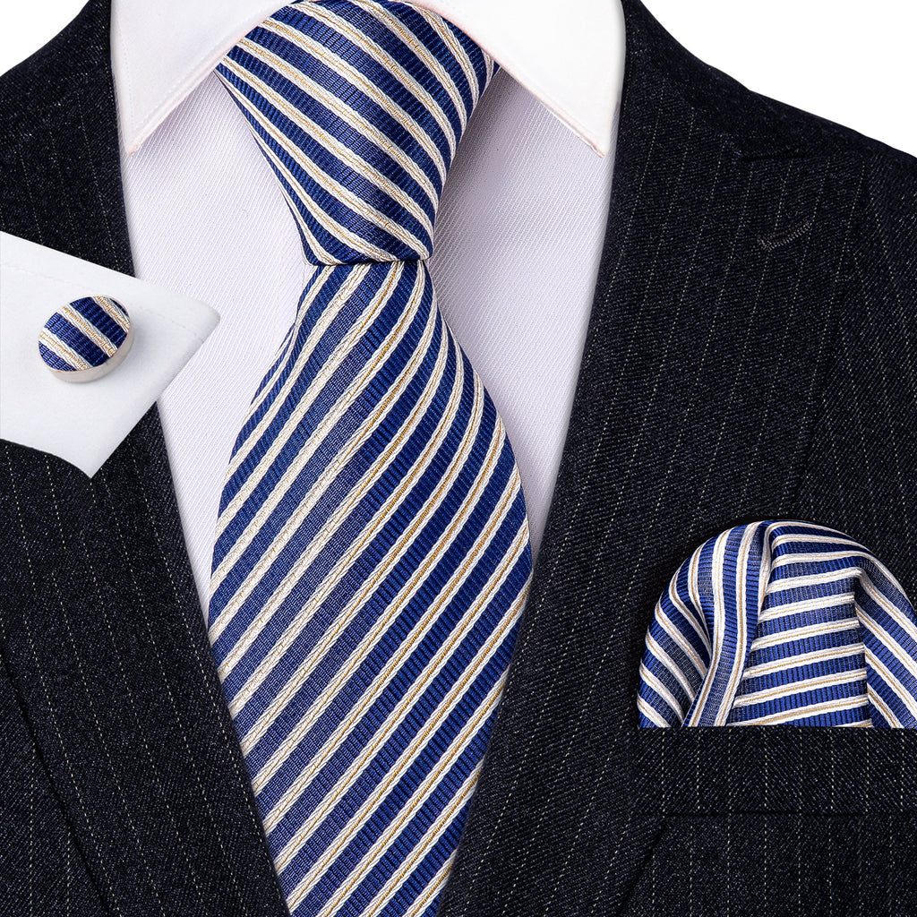 Blue Narrow Striped Silk Tie, Pocket Square and Cufflinks Set tie sets - Sophisticated Gentlemen