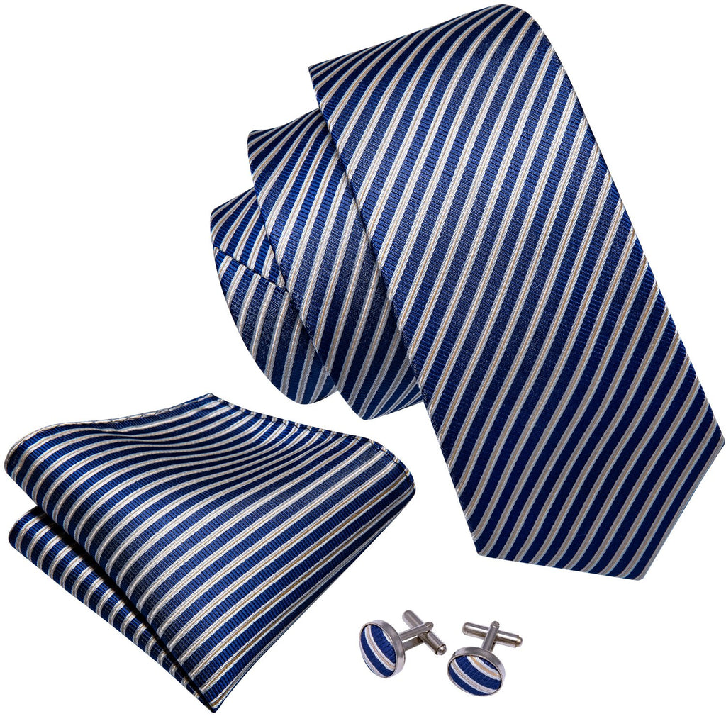 Blue Narrow Striped Silk Tie, Pocket Square and Cufflinks Set tie sets - Sophisticated Gentlemen