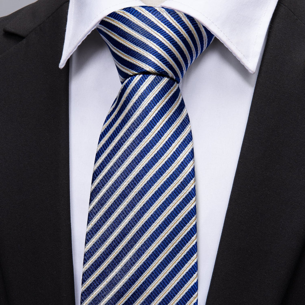 Blue Narrow Striped Silk Tie, Pocket Square and Cufflinks Set tie sets - Sophisticated Gentlemen