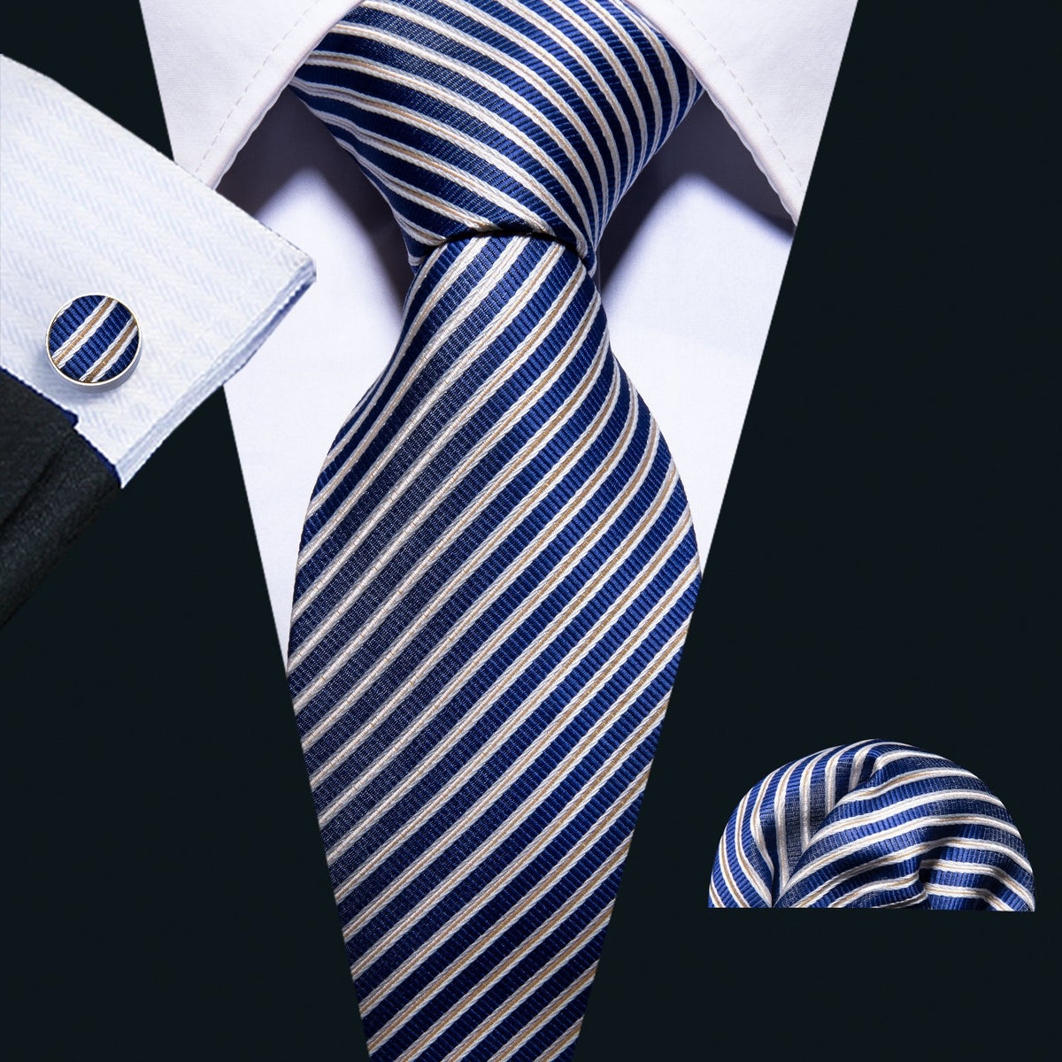 Blue Narrow Striped Silk Tie, Pocket Square and Cufflinks Set tie sets - Sophisticated Gentlemen