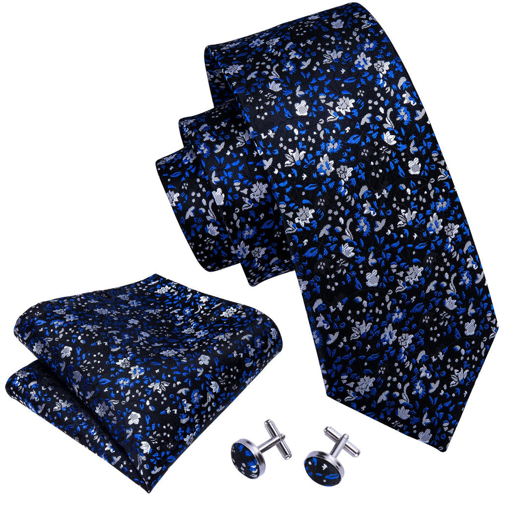 Navy Blue Floral Silk Tie, Pocket Square and Cufflinks Set tie sets - Sophisticated Gentlemen