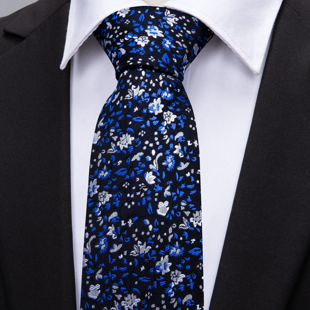 Navy Blue Floral Silk Tie, Pocket Square and Cufflinks Set tie sets - Sophisticated Gentlemen