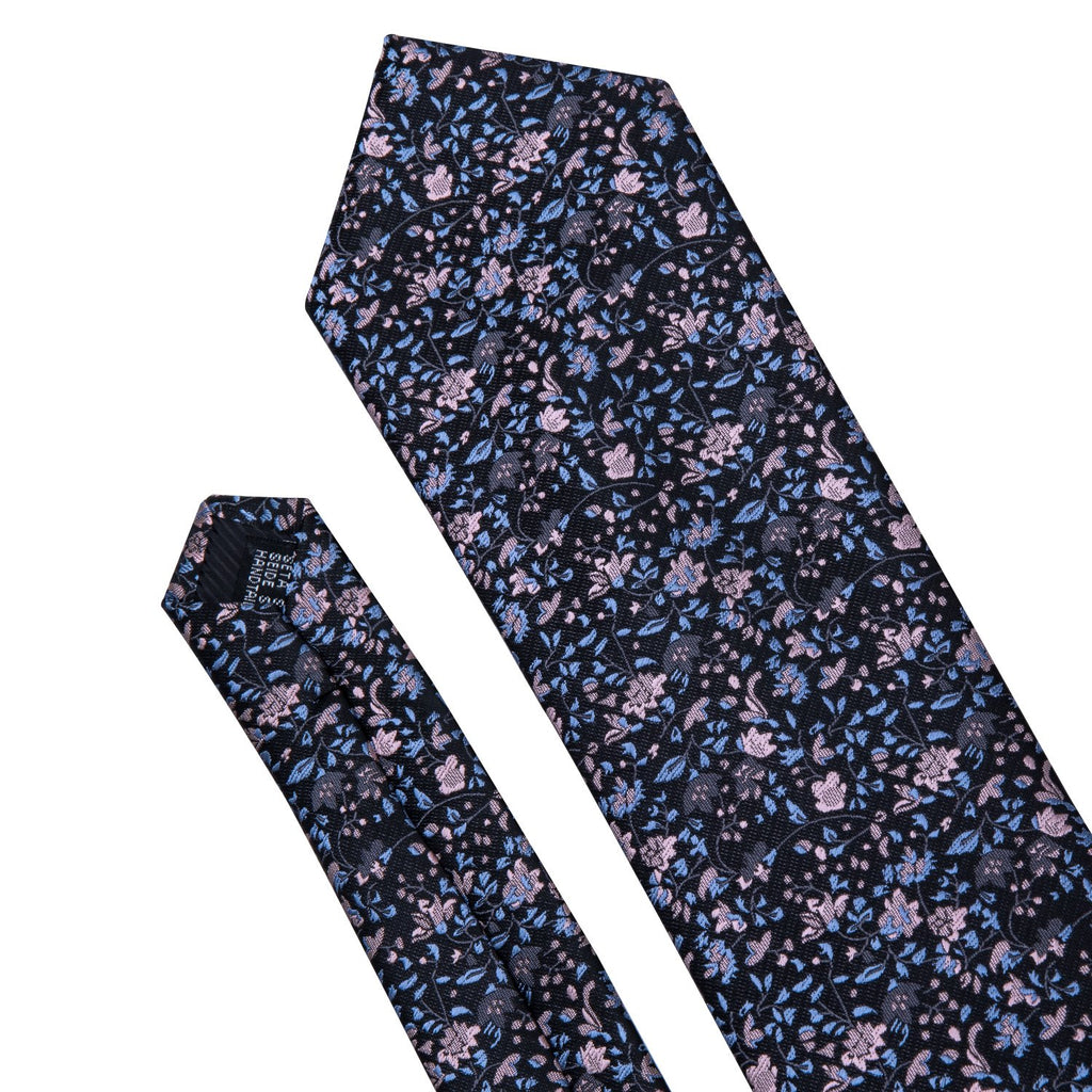 Black Pink Floral Silk Tie, Pocket Square and Cufflinks Set tie sets - Sophisticated Gentlemen