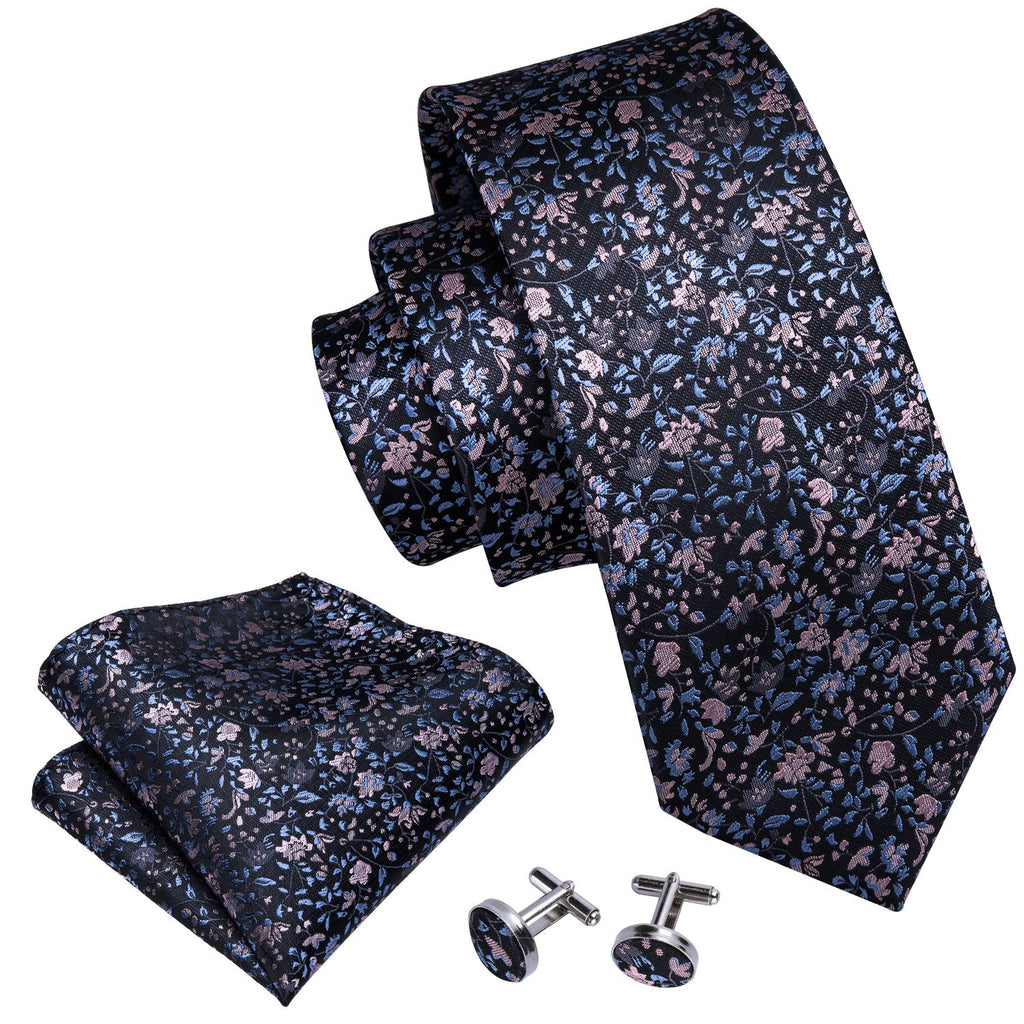 Black Pink Floral Silk Tie, Pocket Square and Cufflinks Set tie sets - Sophisticated Gentlemen