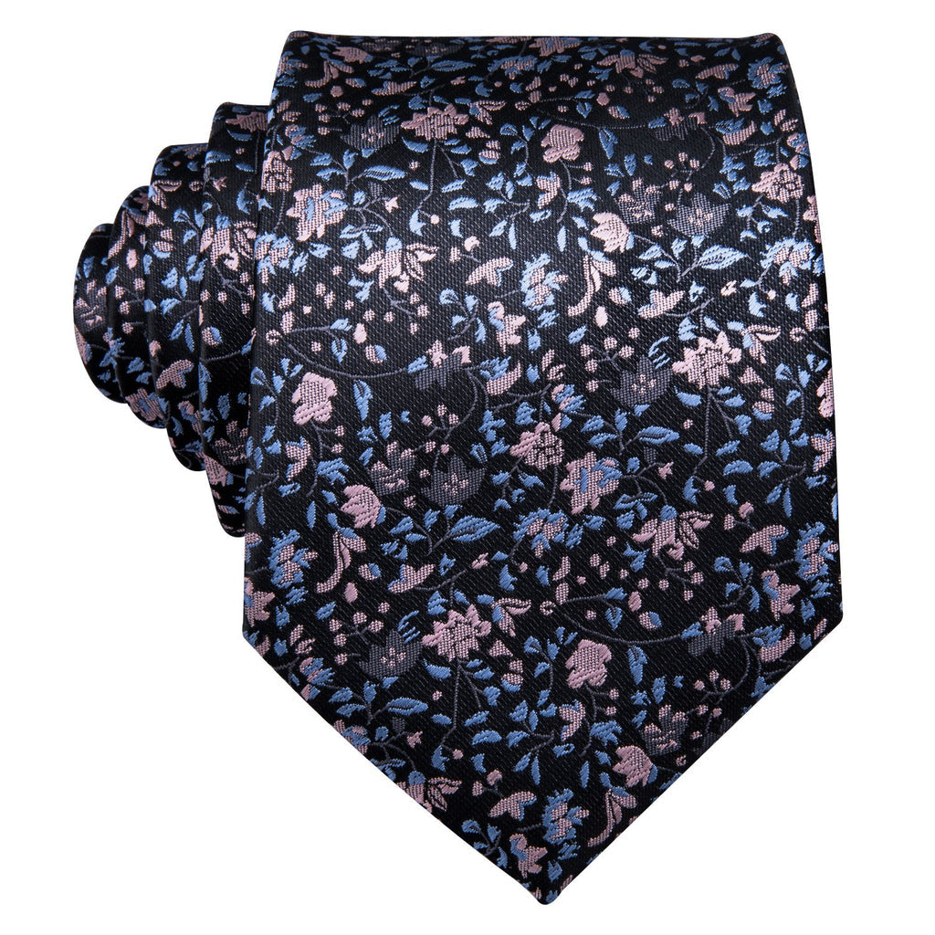 Black Pink Floral Silk Tie, Pocket Square and Cufflinks Set tie sets - Sophisticated Gentlemen