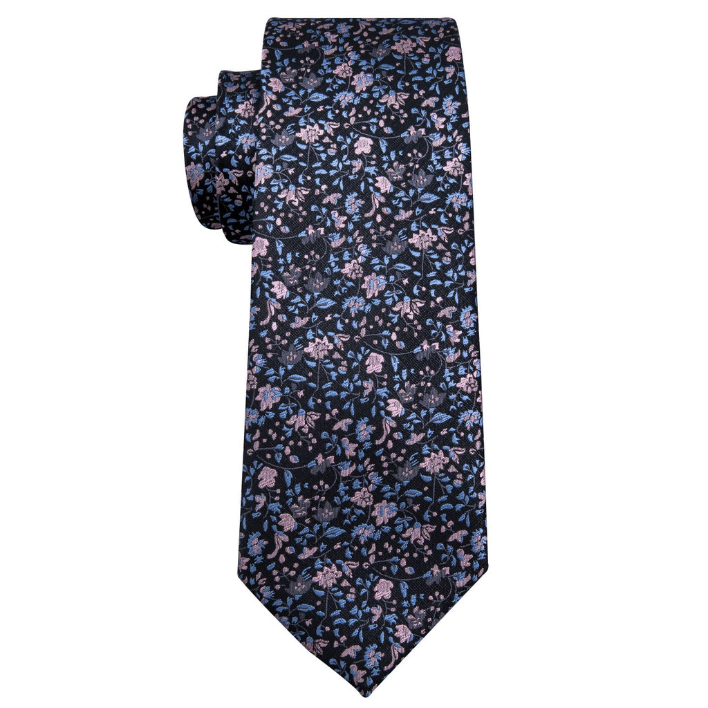 Black Pink Floral Silk Tie, Pocket Square and Cufflinks Set tie sets - Sophisticated Gentlemen