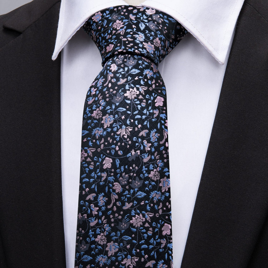 Black Pink Floral Silk Tie, Pocket Square and Cufflinks Set tie sets - Sophisticated Gentlemen